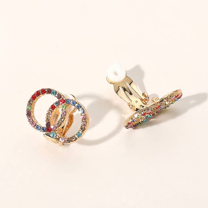 Sensibling Corp. - Wholesale Clip-On Earrings - 12Pairs - Stone Paved Double Circle Clip On Earrings