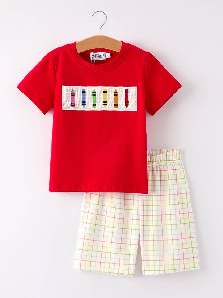 Boys Back to School Pencil Smock Embroidered Plaid Set for wholesale by Rylee Faith Designs