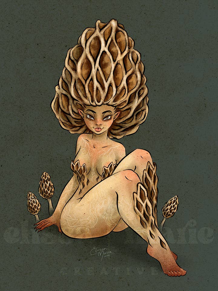 Morel Mushroom Pinup 8x10 Art Print | fungi | forestcore for wholesale by Elissa Marie Creative