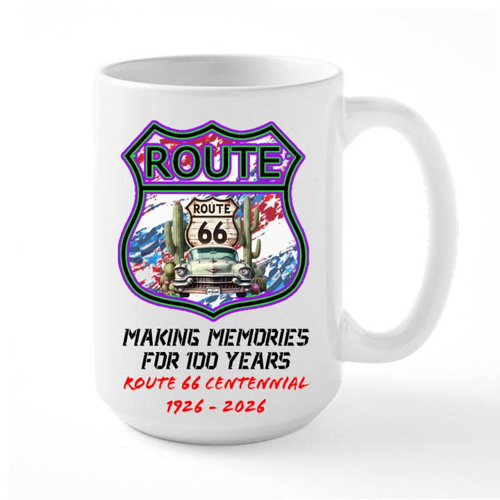 Design de tasse à café Route 66 célébrant le centenaire en 2026 pour la vente par DK Designs