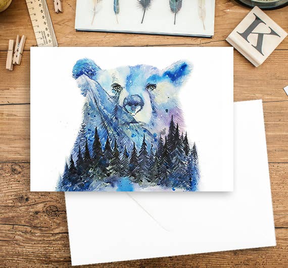 Elena Markelova Arts - Wholesale Everyday Greeting Card - Aurora Bear Northern Lights Night Sky Watercolor Art Card6