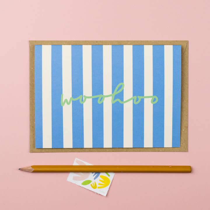 Carte de félicitations rayée woohoo carte bien joué pour la vente par Letterbox Lane