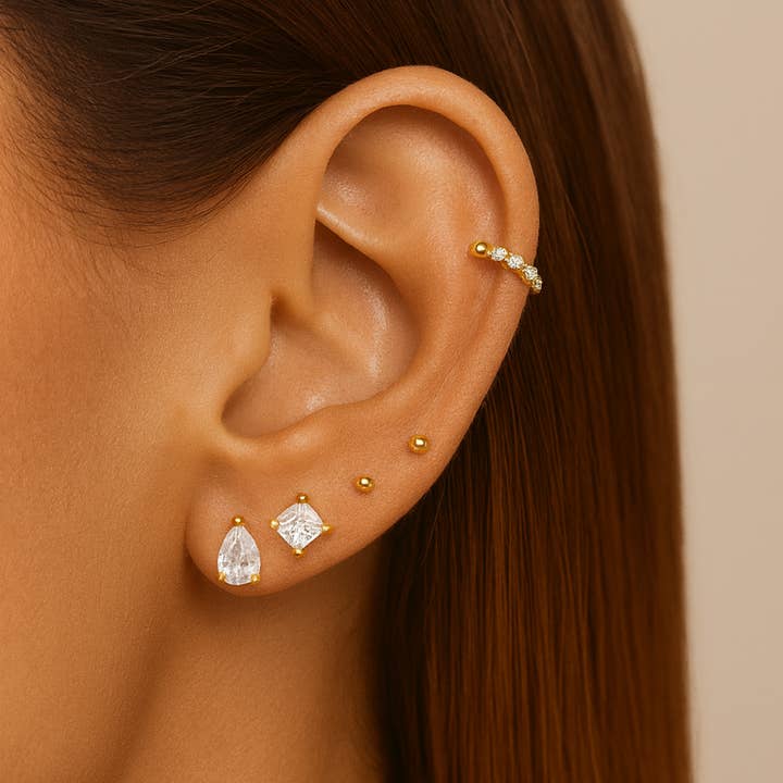 Teardrop Studs Cubic Zirconia 18K Gold Plated Ear Stack for wholesale by Gold Lunar