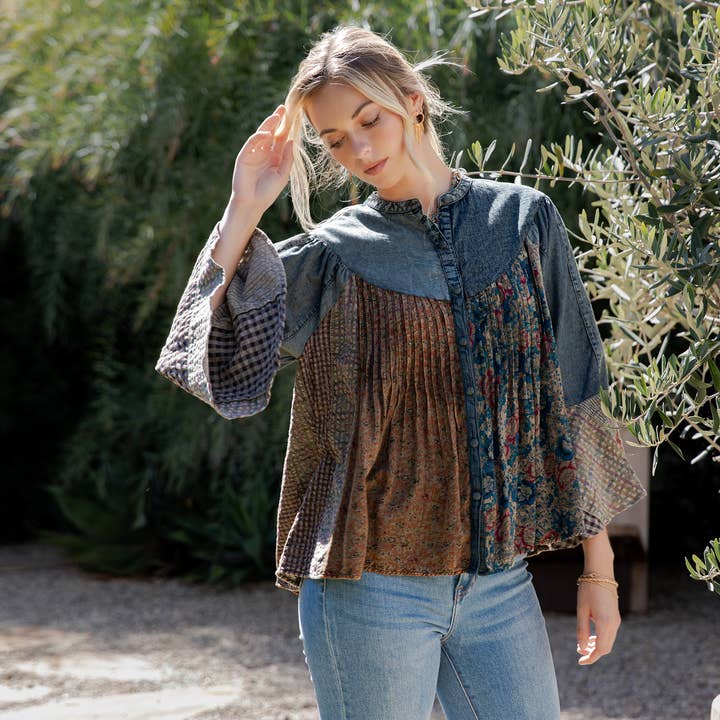 Pintucked Denim Shirt with Printed Patchwork Bell Sleeves for wholesale by Young Threads