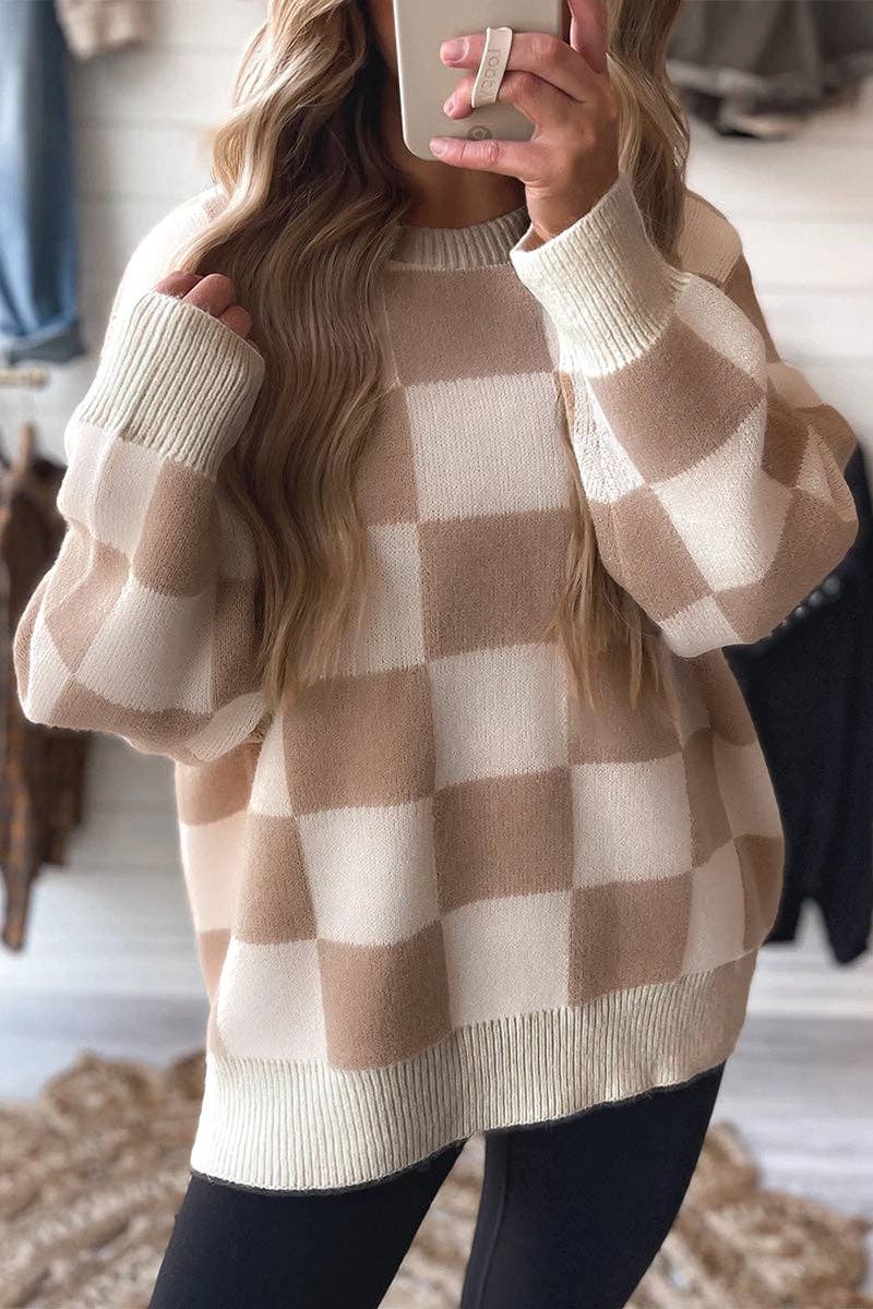 Mccolin – wholesale Knitted jumper – Women′s – Checkered Pattern Ribbed Trim Sweater0