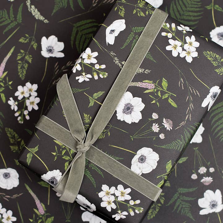 Wild Meadow - Black - Gift Wrap for wholesale by Catherine Lewis Design