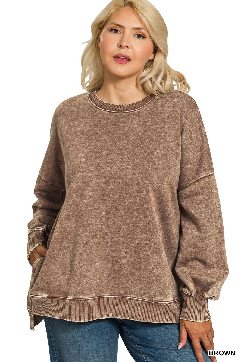 42POPS - Wholesale Sweatshirt - Women's - .Plus Acid Wash Fleece Hi Low Hem Pullover With Pockets15
