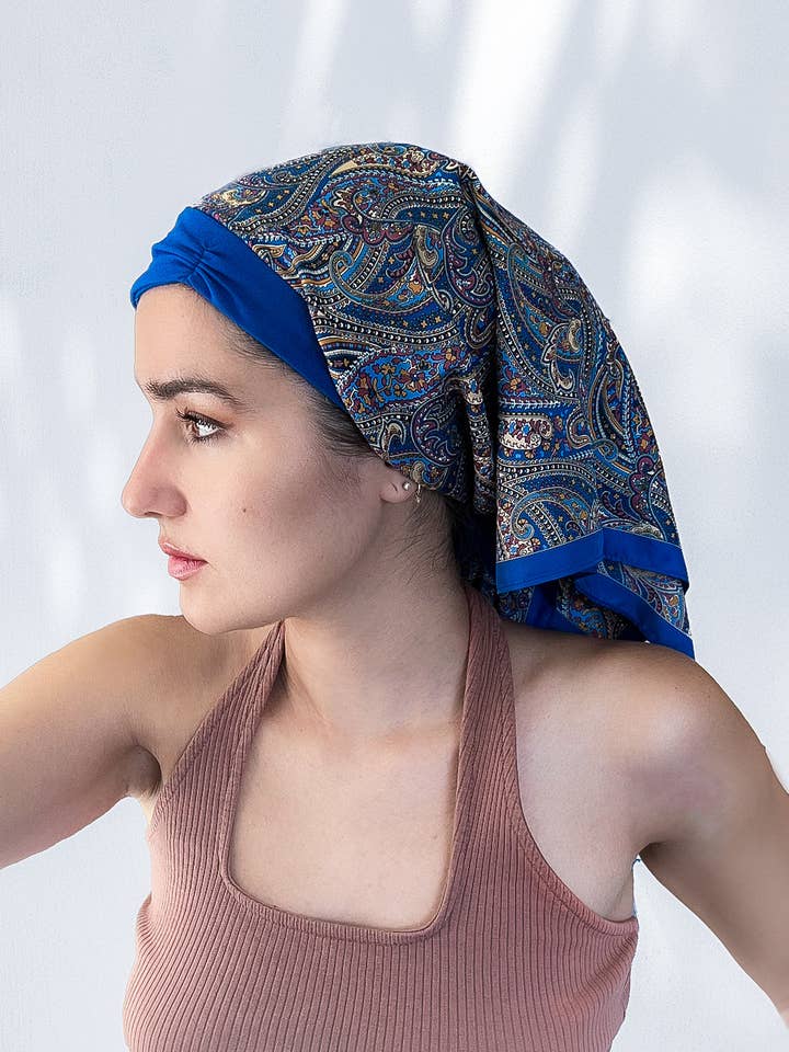 Retro Kerchief Headscarf ~ Blue Paisley for wholesale by LuxCare Clothing