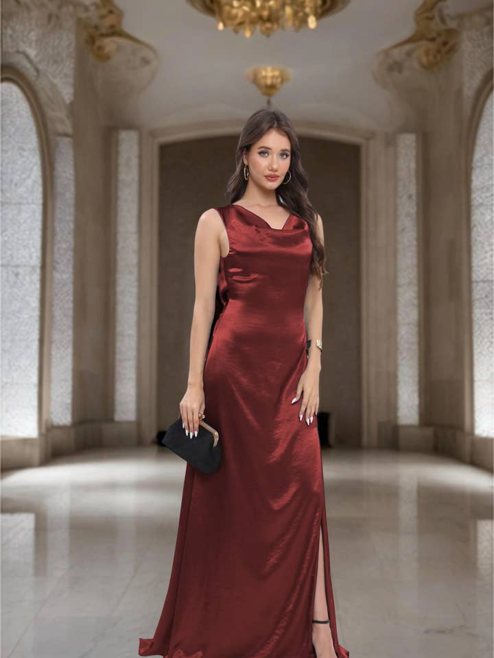 Lucas & Emma - Sarl RJ & co - Wholesale Gown - Women's - Satin maxi dress for ceremony with draped neckline and open back12