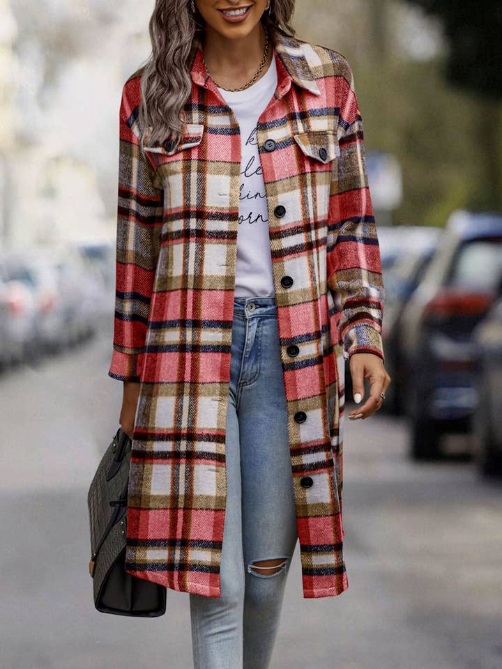 eLook - Vente Manteau – femme - Manteau long boutonné à carreaux SZ1-JK821151