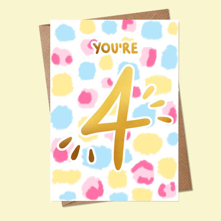 You're Four - Early Years Age Birthday Card - Gold Foil - A6 for wholesale by MarcoLooks