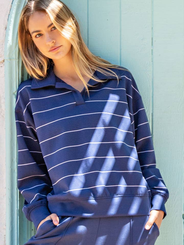 MODAL SCUBA STRIPE POLO SWEATSHIRT for wholesale by Rae Mode