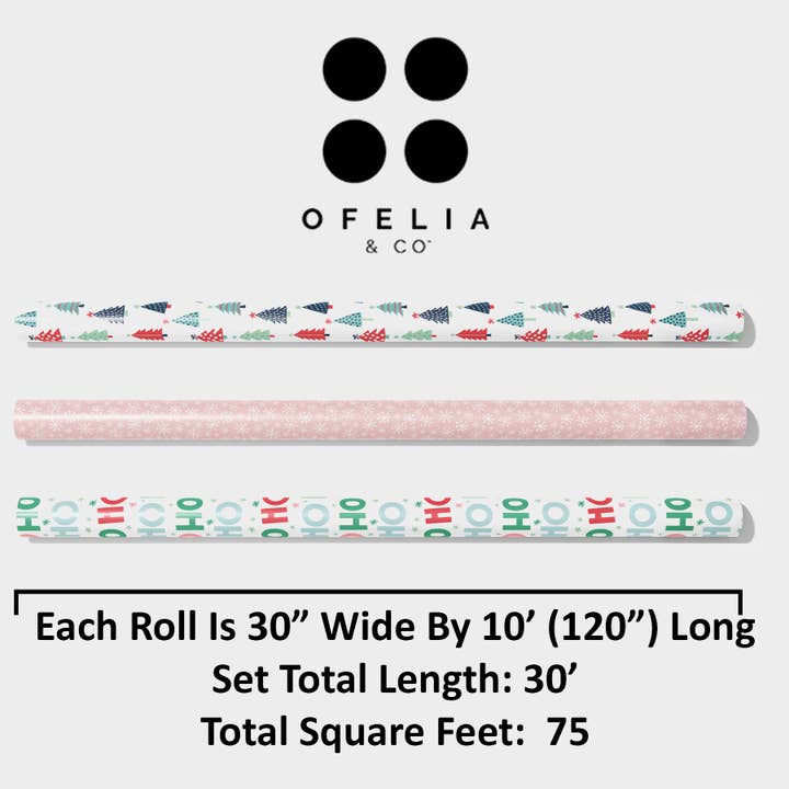 Ofelia & Co. - Wholesale Wrapping Paper Roll - Ho Ho Ho Gift Wrapping Paper Rolls - 3 Pack Christmas Wrap