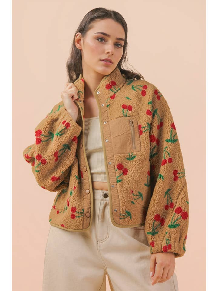 VERY J - Wholesale Jacket - Women's - NJ90423-Leopard & Cherry Printed Fleece Oversized Jacket0
