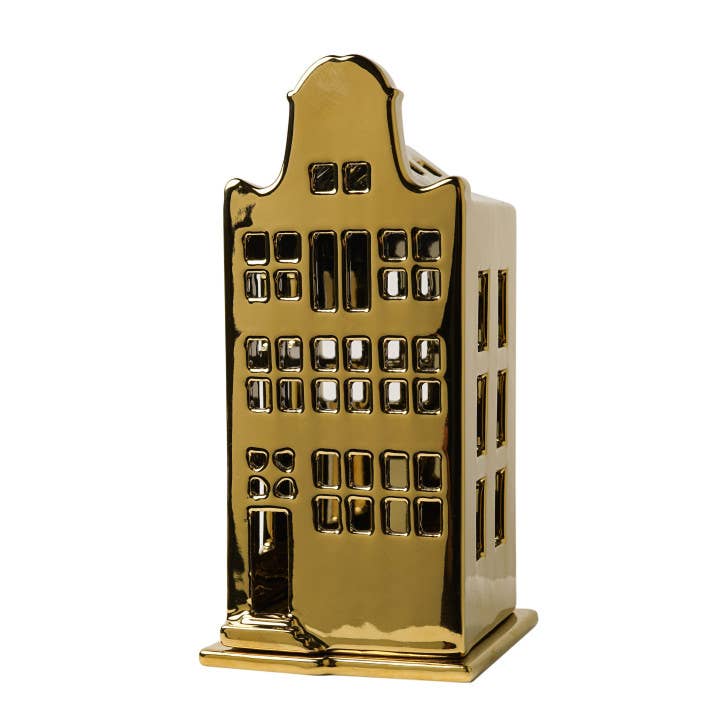 Tea light holder house bell gable gold for wholesale by Heinen Delfts Blauw