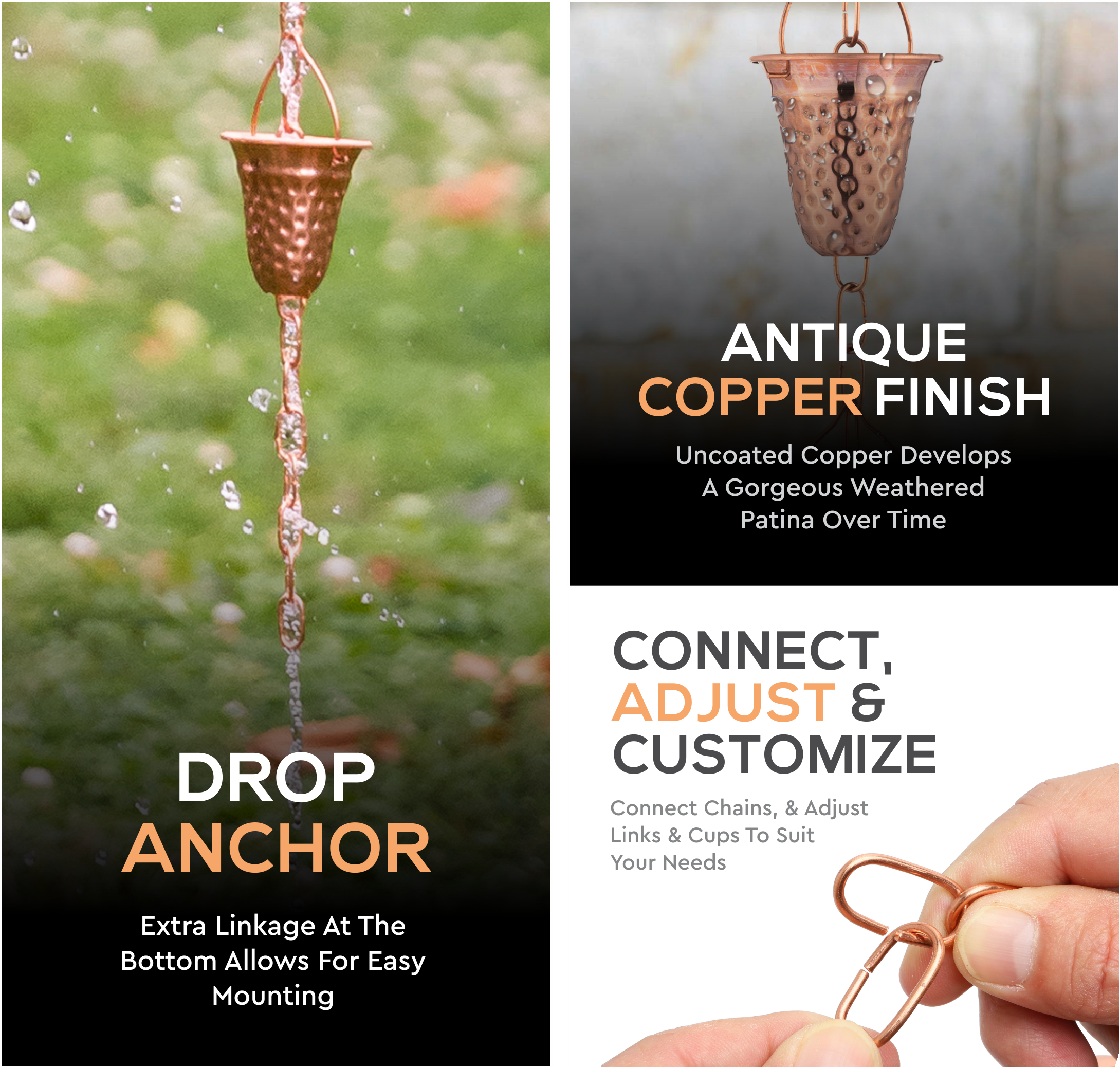 Marrgon - Wholesale Outdoor Ornament/Decor - Marrgon Copper Rain Chain with Hammered Bell Style Cups for Gutter7