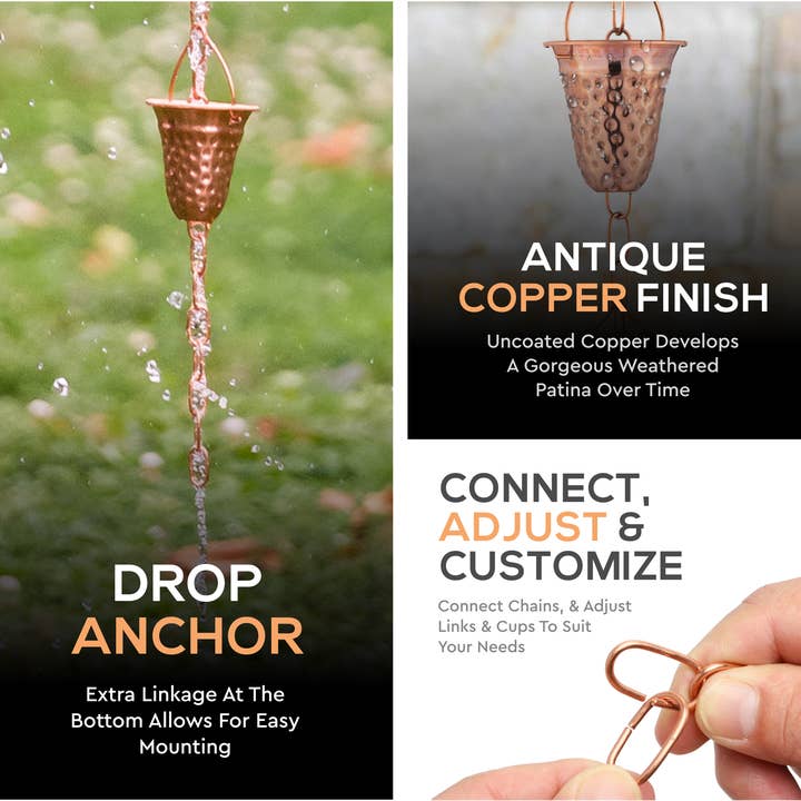 Marrgon - Wholesale Outdoor Ornament/Decor - Marrgon Copper Rain Chain with Hammered Bell Style Cups for Gutter7