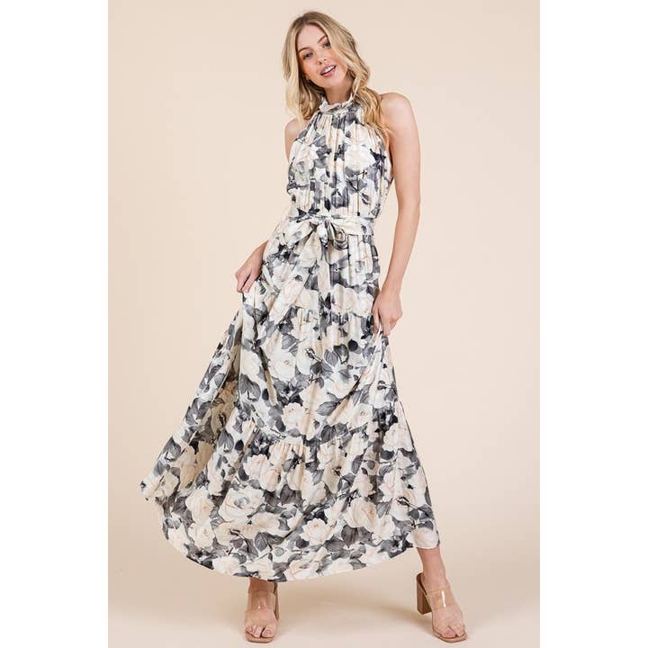 Floral Halter Neck Tie-Waist Tiered Maxi Dress for wholesale by LIME N CHILI
