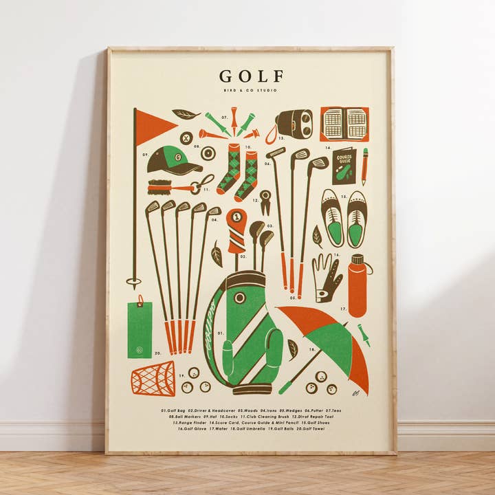 Bird & Co Studio – wholesale Art print – Golf Kit Essentials | Retro Sport Art Print0