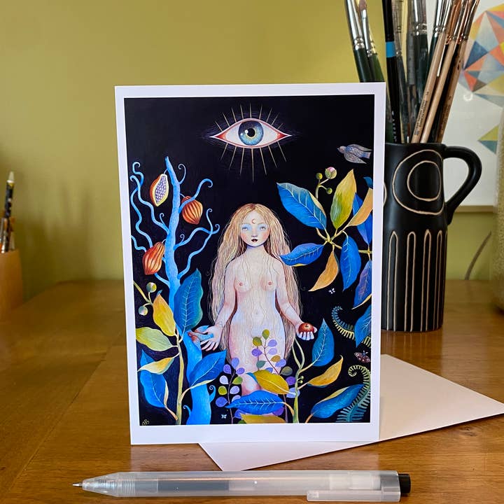 Isabelle Bryer Art – Großhandel Grußkarten für den Alltag – Mitternachtsabend – A7 Größe Surrealer Garten Kunst Grußkarte2