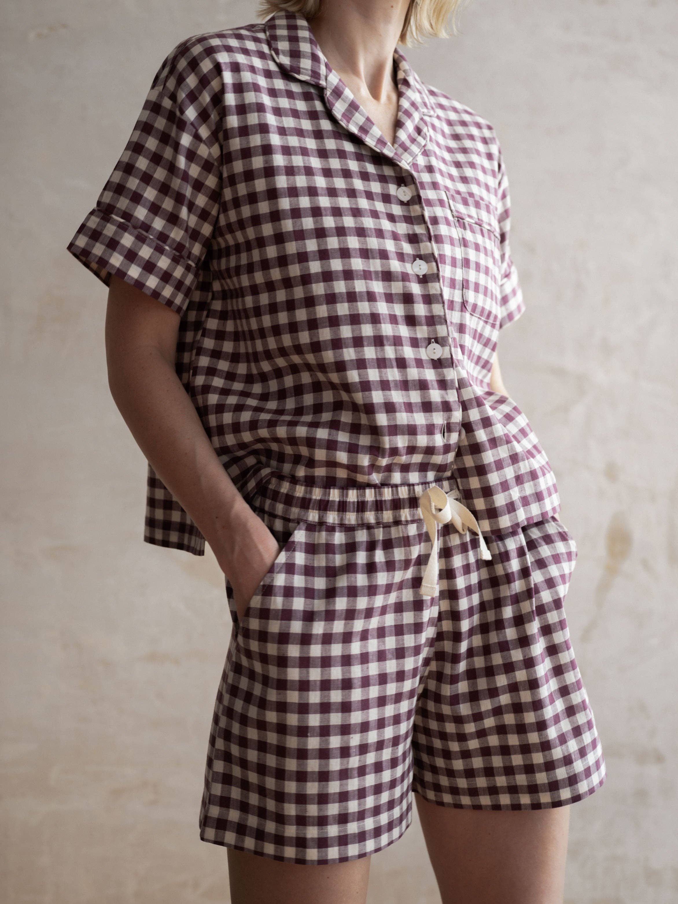 Piglet in Bed USA - Wholesale Sleepwear Set - Women's - Berry Gingham Linen Blend Pajama Short Set0