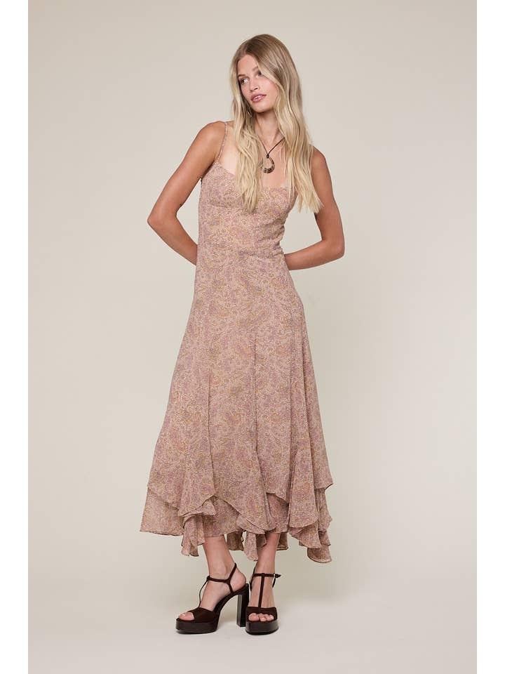 BELLEZZA BROWN PAISLEY HIGH-LOW RUFFLE DOWN MIDI DRESS for wholesale on Faire1