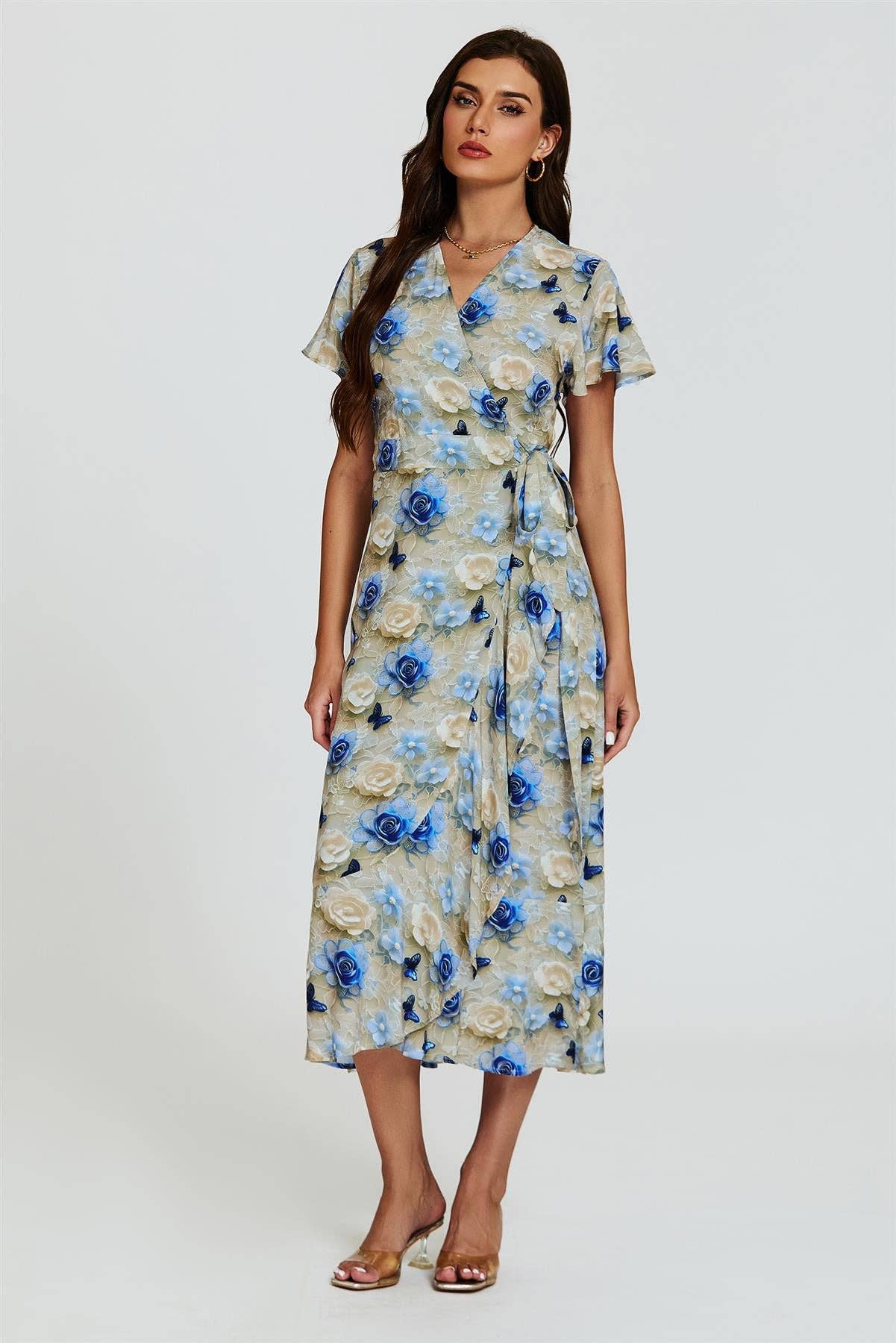 Floral Print Wrap Hem Midi Dress In Beige for wholesale on Faire4