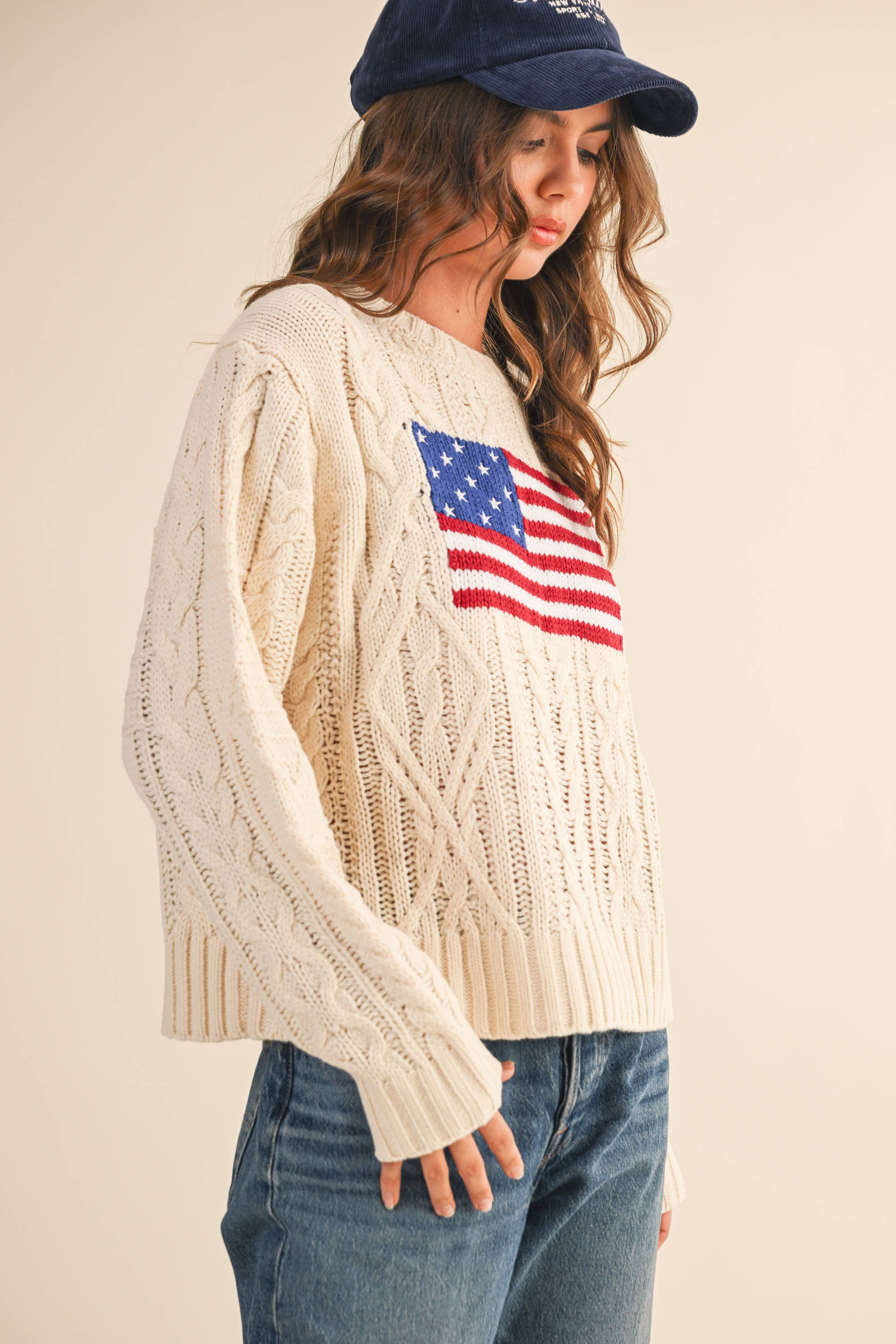 Klesis - Vente Pull en maille – femme - IT4473 PULL EN MAILLE CÂBLÉE AVEC DRAPEAU AMÉRICAIN12