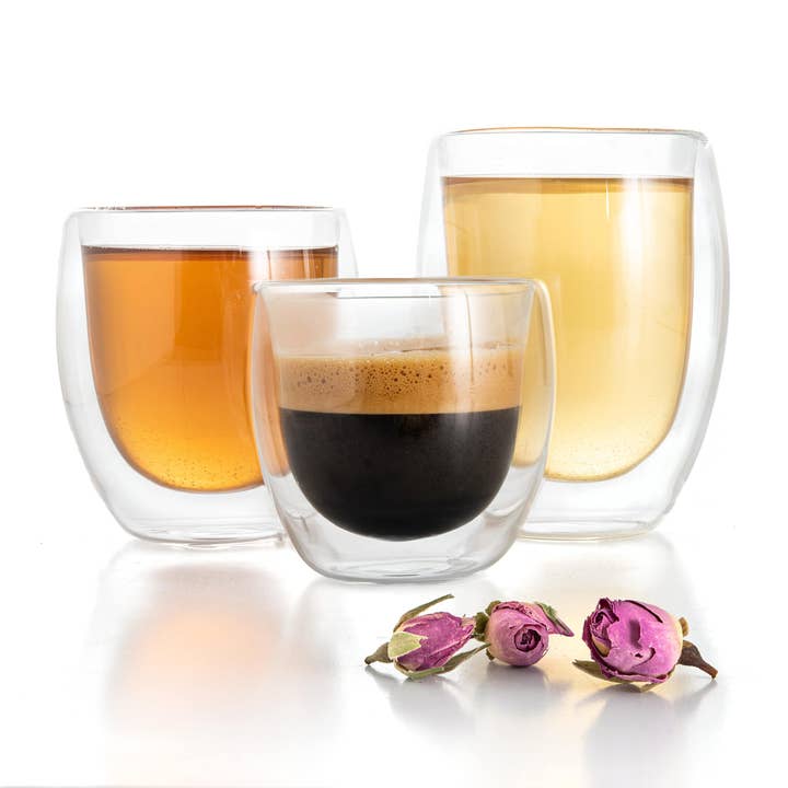 Set med 3 dubbla väggar glas kopp klar mugg, dubbla väggar kaffemuggar, glas te muggar, isolerad kaffemugg äggform för wholesale av Moss & Stone