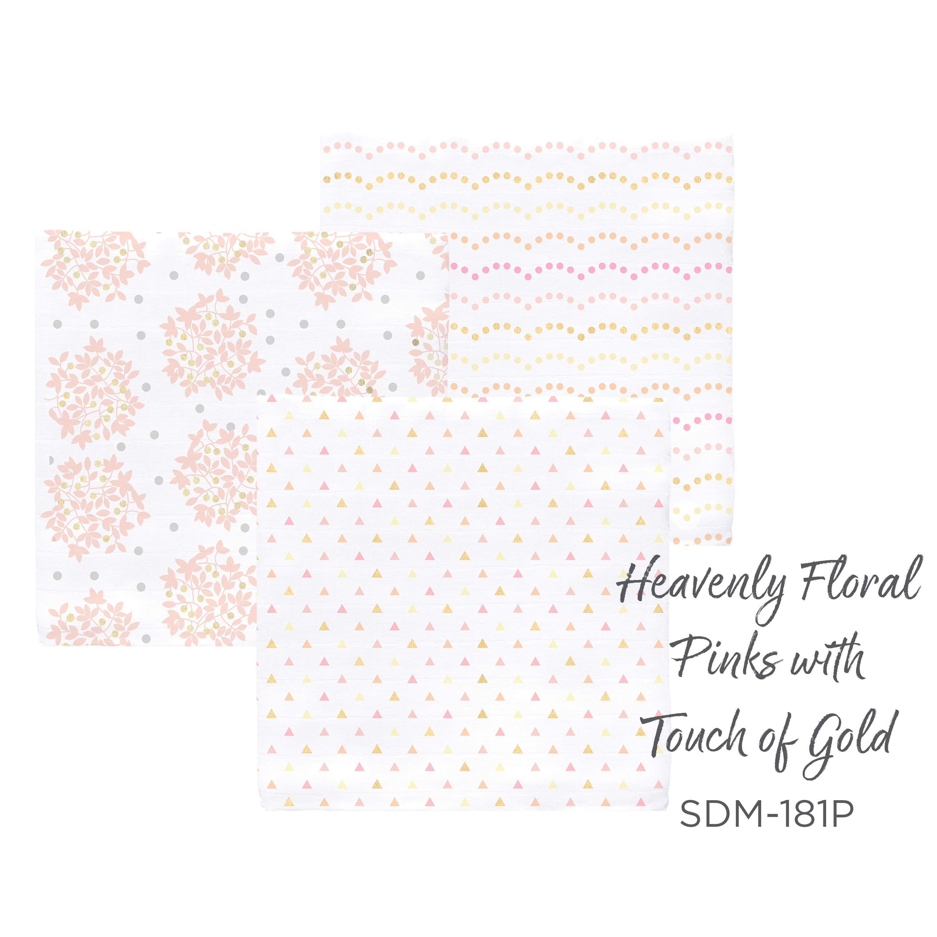 SwaddleDesigns - Wholesale Swaddle Set - Baby - Muslin Swaddle Blankets, Set of 3, Floral with Gold Shimmer 1