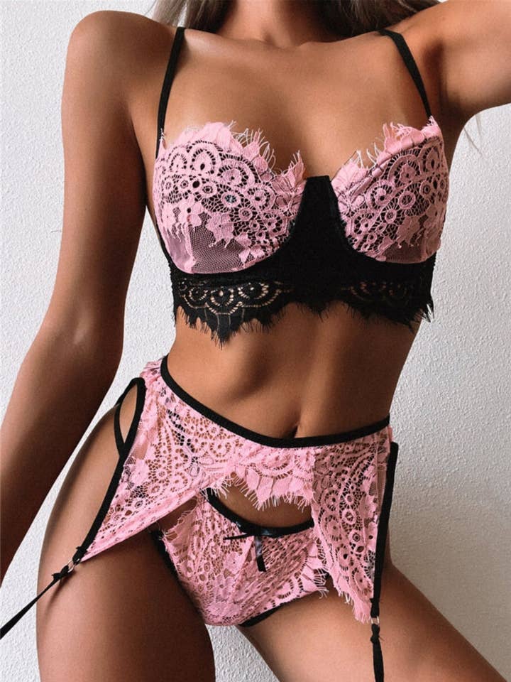 La Belle Fantastique Valentina 3 Piece Lace lingerie Set | Sexy lingerie Set |Bride gift | Lace lingerie set | Black lingerie set | Sheer lingerie set for wholesale by La Belle Fantastique