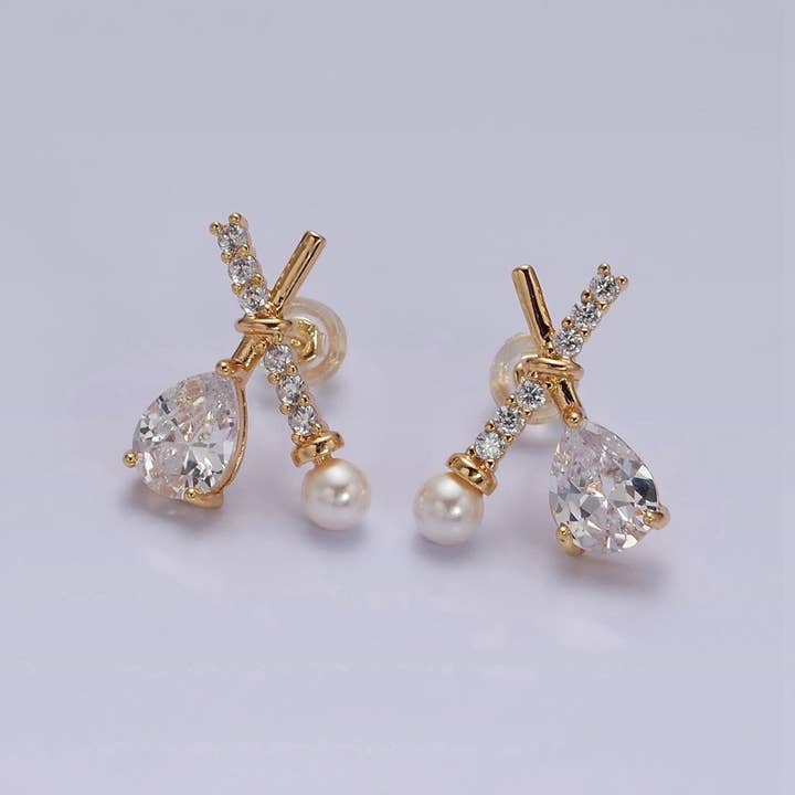 16K Gold Filled Clear CZ Micro Paved X Claw Double Band Stud Earrings | AE842 for wholesale by Aim Eternal