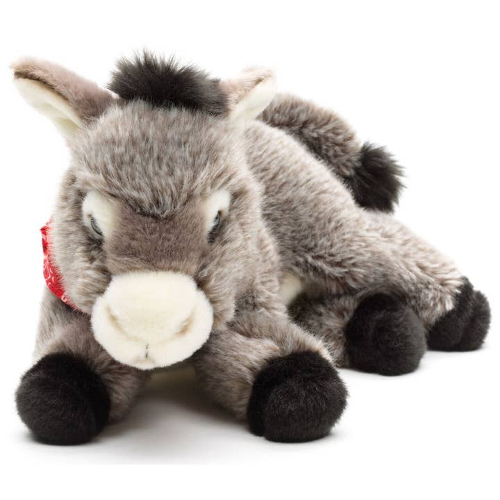 Uni Toys – wholesale Stuffed/plush toy – Kids & baby – Donkey with scarf, lying down - 28cm (length) - cuddly/plush toy