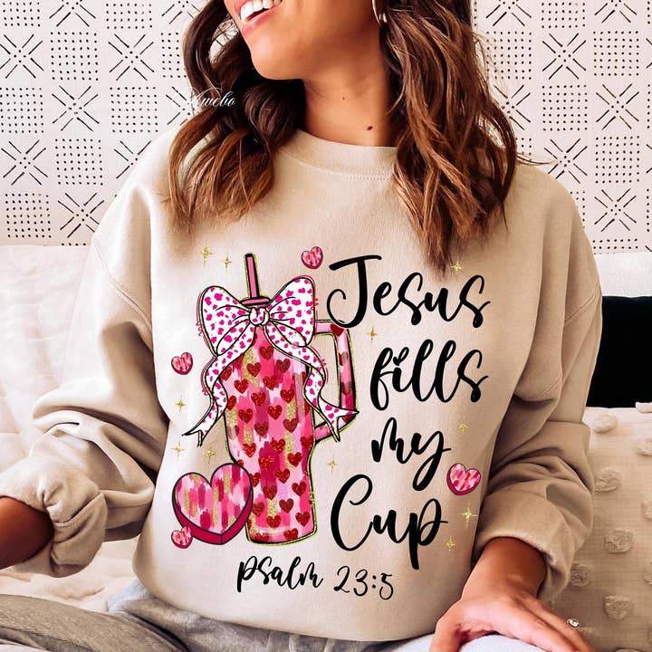 NVC Ecommerce LLC - Wholesale T-Shirt (Graphic) - Women's - Jesus fills my Cup Shirt, Coquette Valentine Sweatshirt1