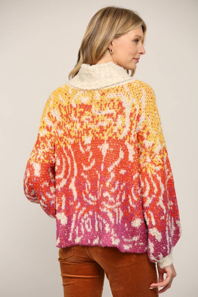 CREAM YELLOW ORANGE ABSTRACT PATTERN JACQUARD KNIT TURTLE NECK SWEATER FW9944 for wholesale on Faire4