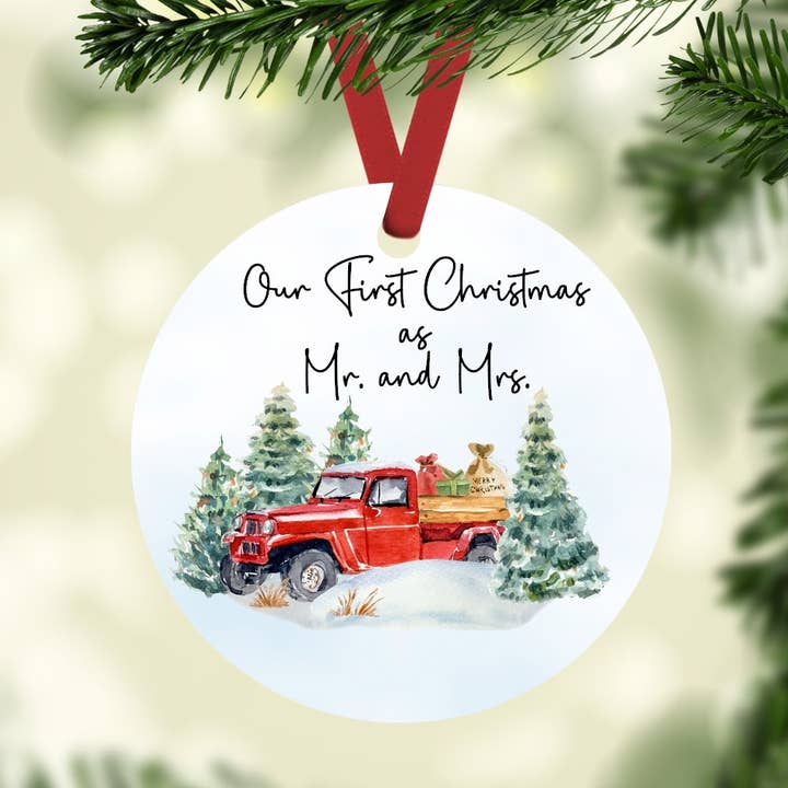 SHY Designs, LLC - Wholesale Ornament - Our First Christmas as Mr. and Mrs. Vintage Truck Ornament