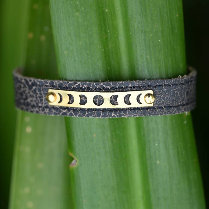 KBD Studio - Wholesale Cuff Bracelet - Brass Moon Phase Stacker Cuff (Cowboy Black Leather)
