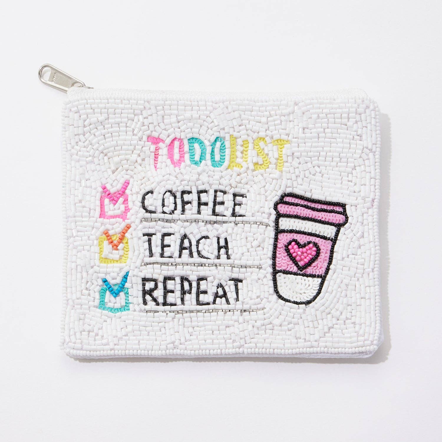 Frem - Wholesale Coin Purse - Women's - "Coffee, Teach, Repeat" Beaded Coin Pouch for Teacher's Day