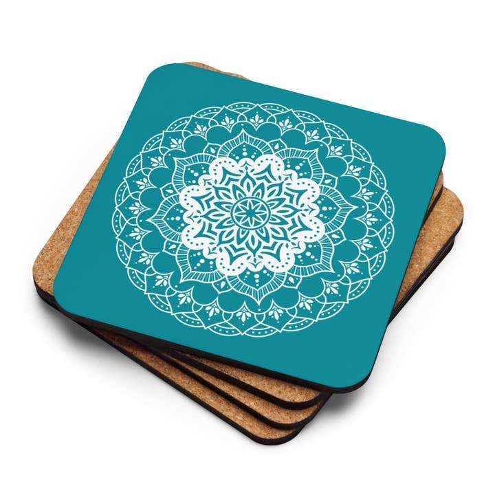 Mandala in Teal Cork-back coaster for wholesale by The Shamal