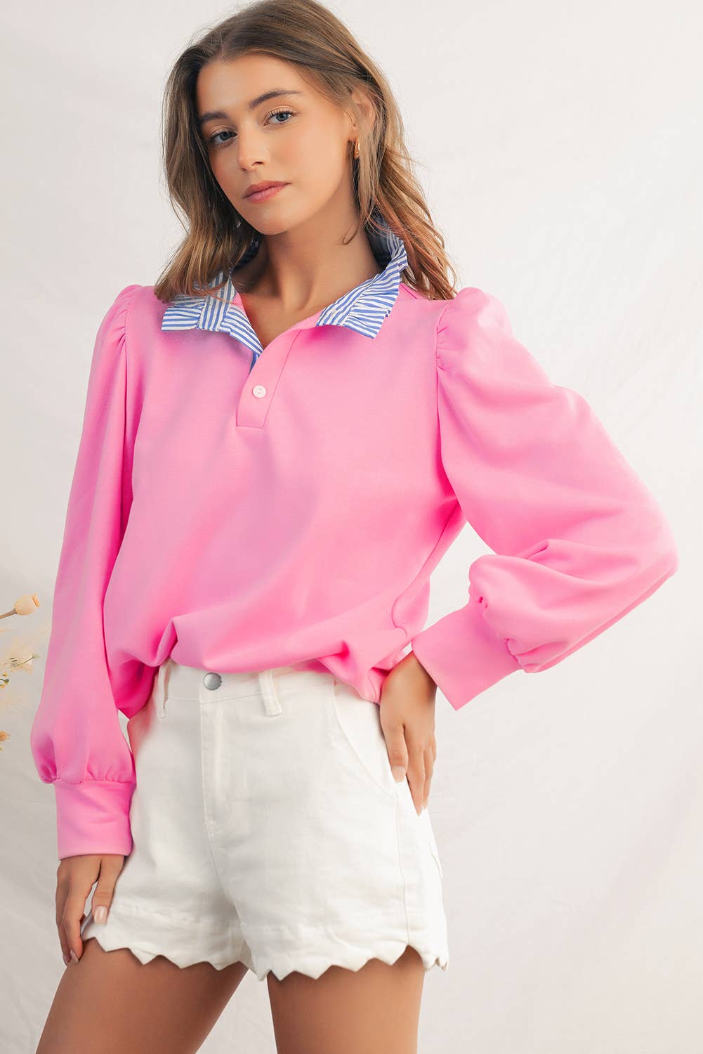 Aapparella - Wholesale Sweatshirt - Women's - Button Striped Collar Puff Sleeve Sweatshirt | S-XL 2