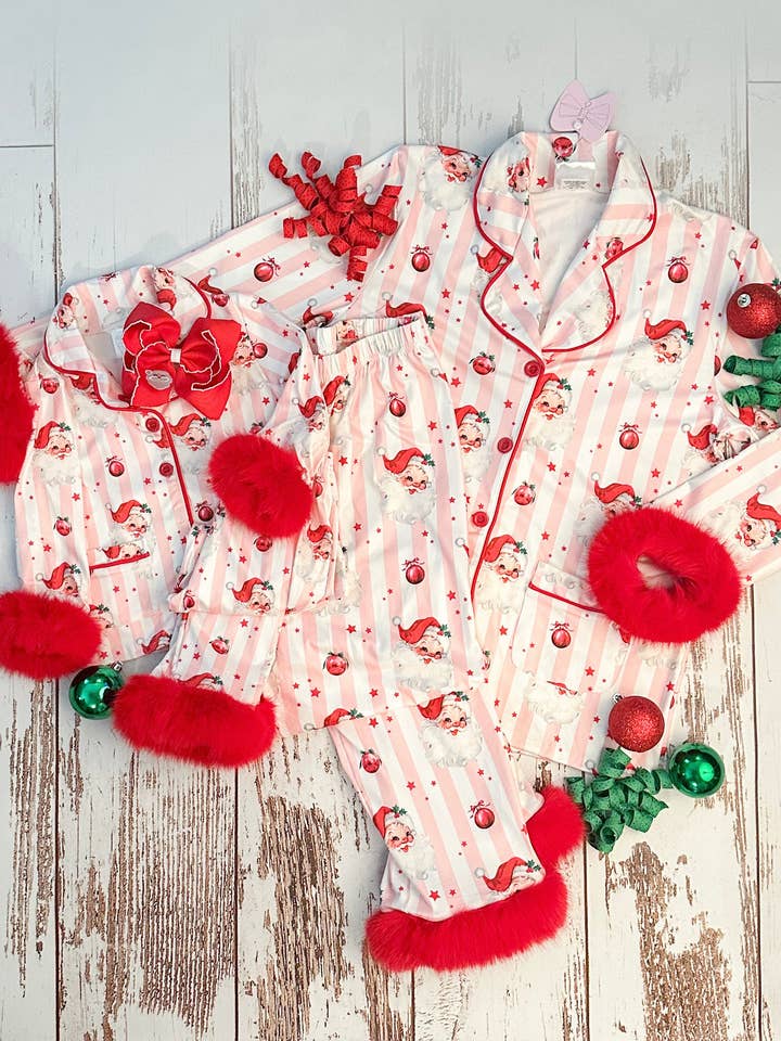 The Hair Bow Company - Wholesale Mommy & Me Sets - Mommy & Me Santa & Stripes Fuzzy Trim PJ's2