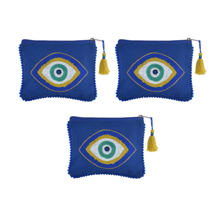 3ABPC24405_BLBL S/3 EVIL EYE BLUE CANVAS POUCH 6x8 for wholesale by Karma Living
