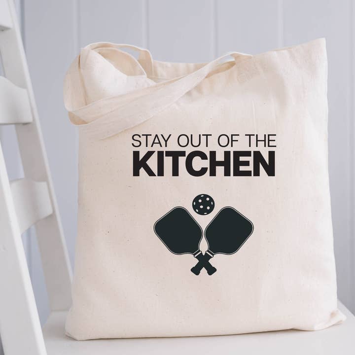 Stay Out of the Kitchen Funny Pickleball Canvas Tote for wholesale by Designing Moments
