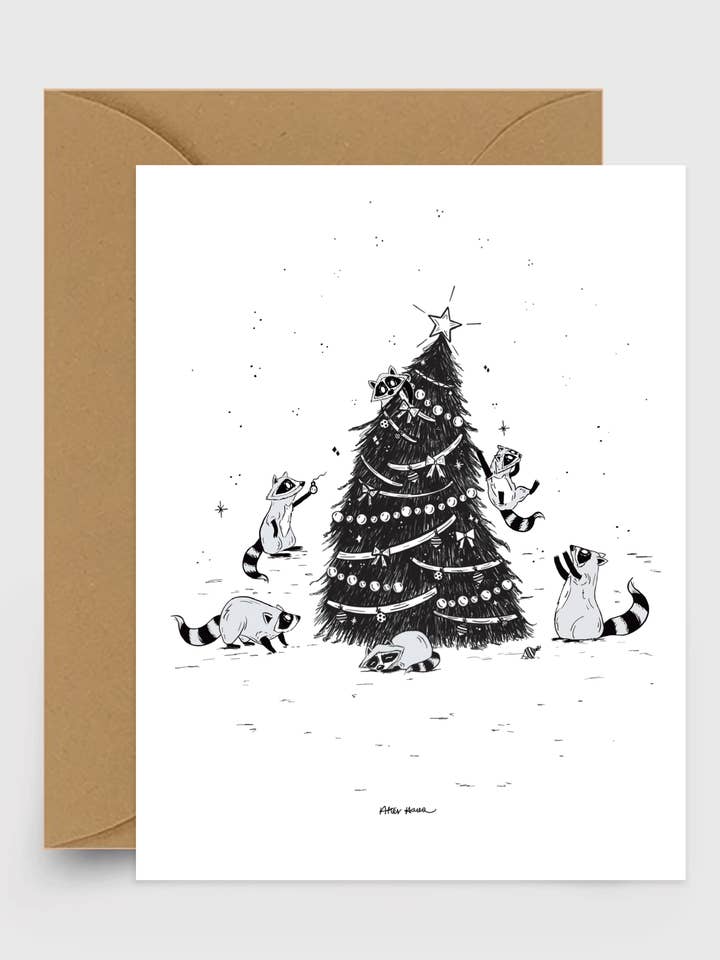 Wasbeer Vakantieboom Kattekwaad (Zwart en Wit) Kaart voor wholesale door After Hours Creative