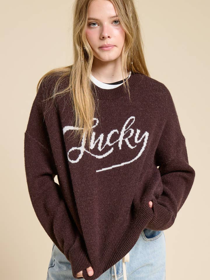 Lucky Graphic Crewneck Knit Sweater for wholesale by Mimosa
