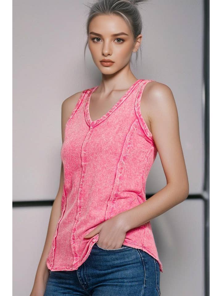 42POPS - Wholesale Tank Top - Women's - `.FRENCH TERRY CRINKLE WASHED RAW EDGE V-NECK SLEEVEL22