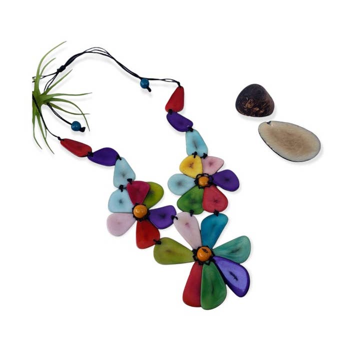 Three flowers tagua nut bib necklace ecoconscious jewel for wholesale by Organic jewelry by Allie
