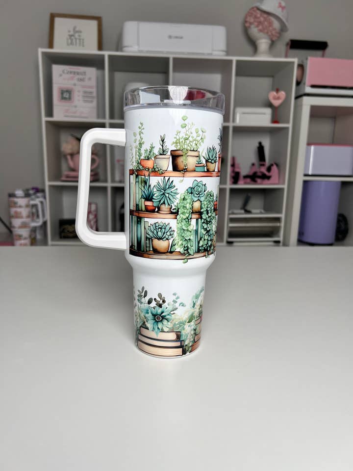 Plants and Bookshelf Vibes 40oz Tumbler Quencher for wholesale by Selena Marie LLC
