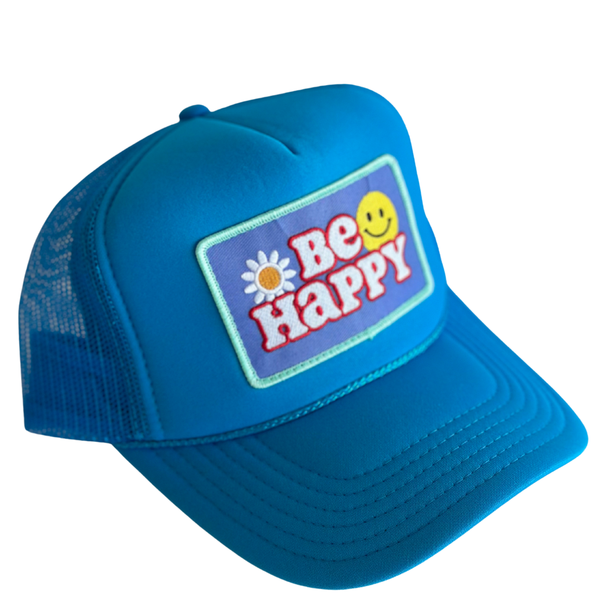 Red Be Happy Patch Trucker Hat for wholesale on Faire2