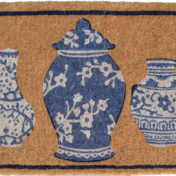HomeRoots - Wholesale Door Mat - 20" X 30" Brown Blue And White Chinoiserie Coir Door Mat1